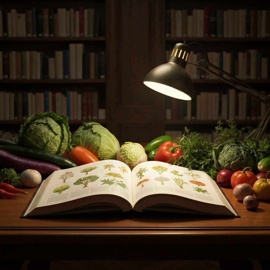 Libro de ciencias naturales rodeado de vegetales frescos sobre mesa de biblioteca