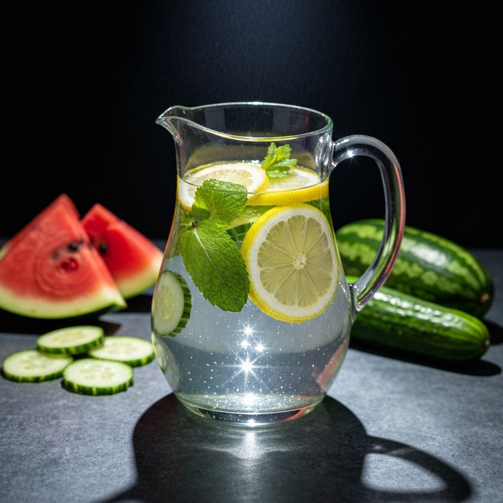 Jarra de agua con pepino y menta sobre superficie de piedra
